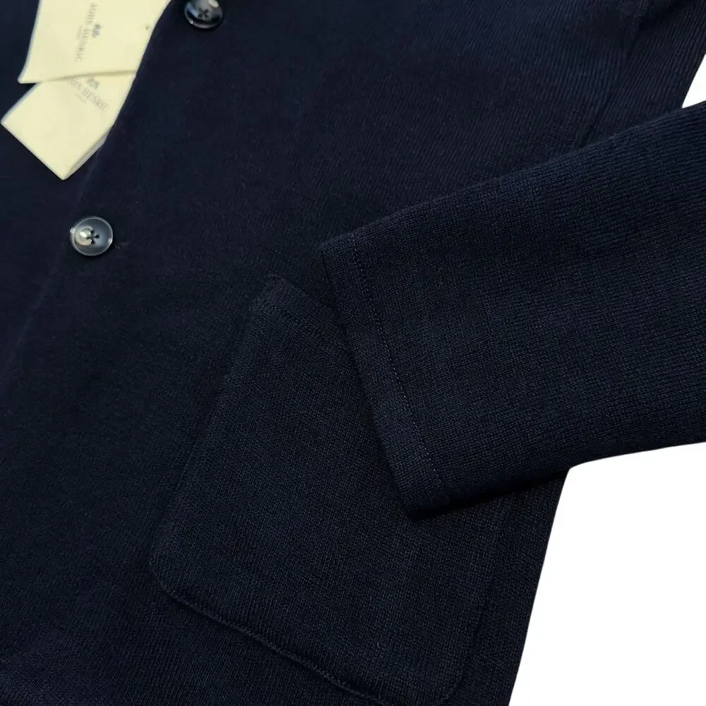 John Henric Knitted Blazer Jacket Mens L Merino Wool Navy Lined Office Event NWT